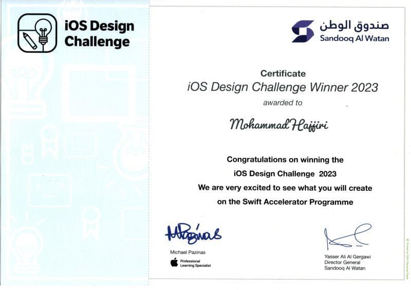 A certificate awarded to Mohammad Hajjiri for winning the iOS Design Challenge 2023.