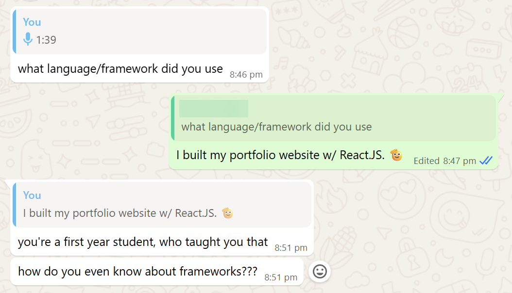 A screenshot of a chat where someone is shocked a first-year student knows React.js.