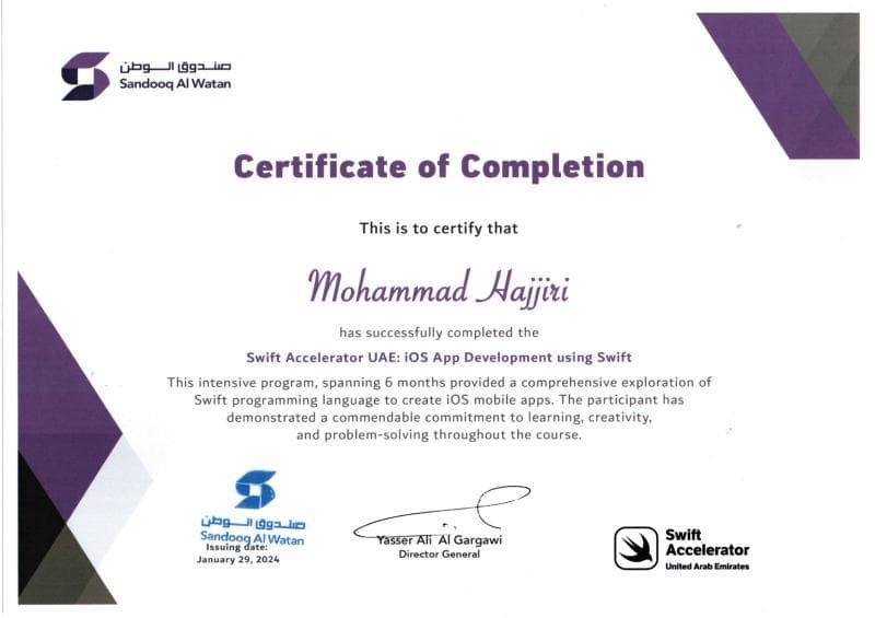 A Swift Accelerator certificate awarded to Mohammad Hajjiri.